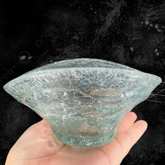 Hand Blown Clear Crackled Glass Folded Dish Bowl Hand Made Glass Decor Vintage - Picture 2 of 16